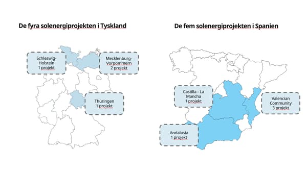 Två kartor - en över Tyskland och en över Spanien - med utmarkerade regioner, som visar var nio olika solenergiprojekt ska ligga