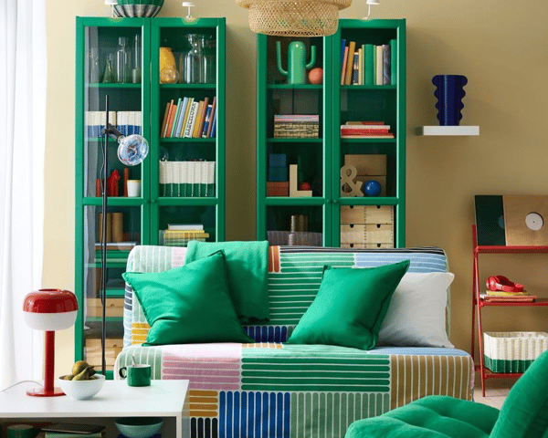 Två stora gröna bokhykllor med en soffa framför sig. Soffan har gröna kuddar och färgglatt mönster.