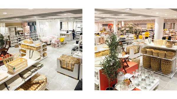 Två vyer från butik med heminredning: korgar, textilier, glasburkar och växter arrangerade på hyllor och bord.
