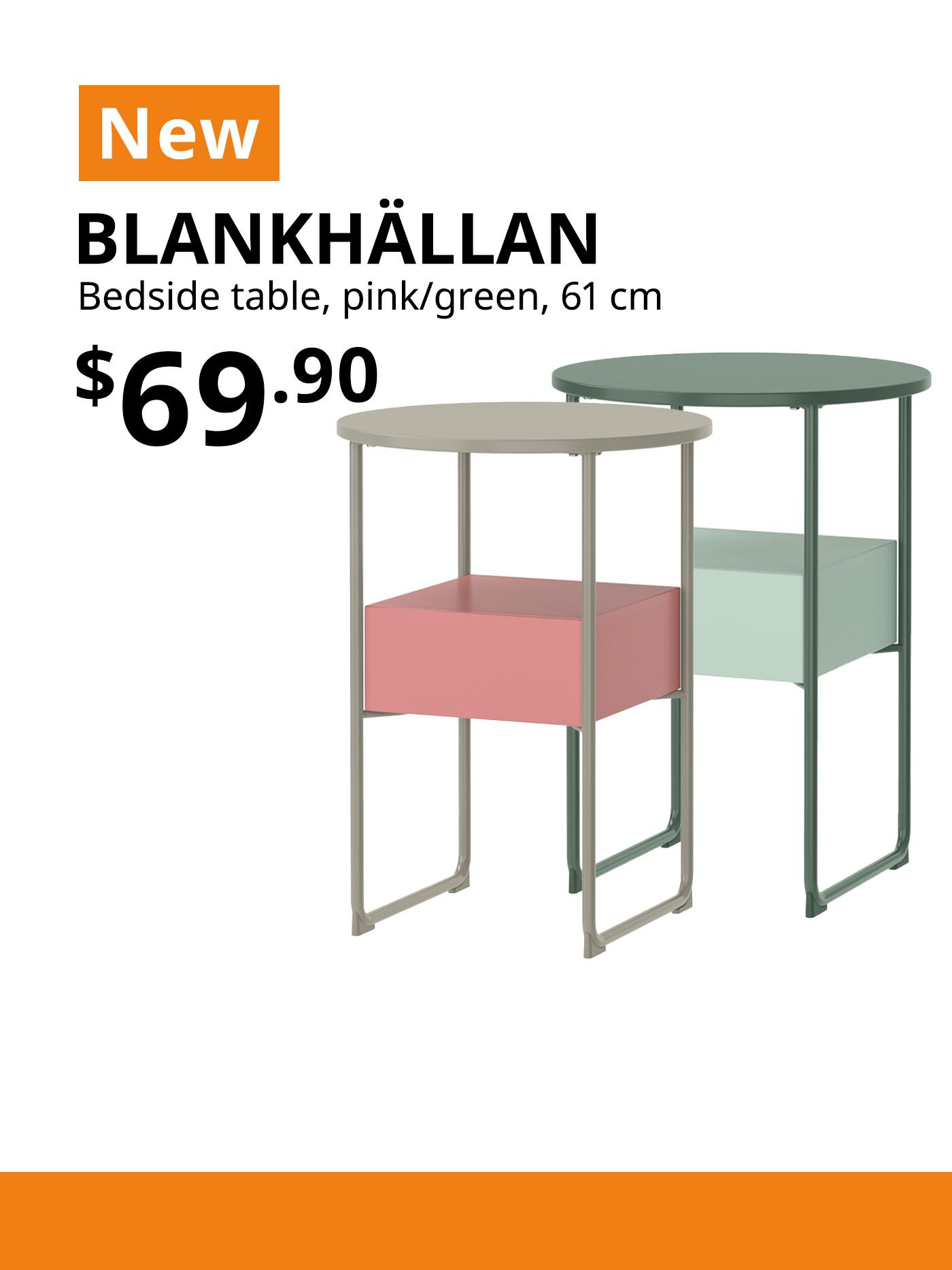 Two BLANKHÄLLAN bedside tables in beige/pink and green/turquoise. Price: $69.90.
