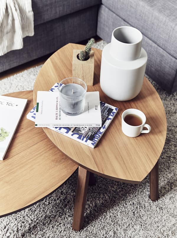 Two coffee tables with decorative accessories.