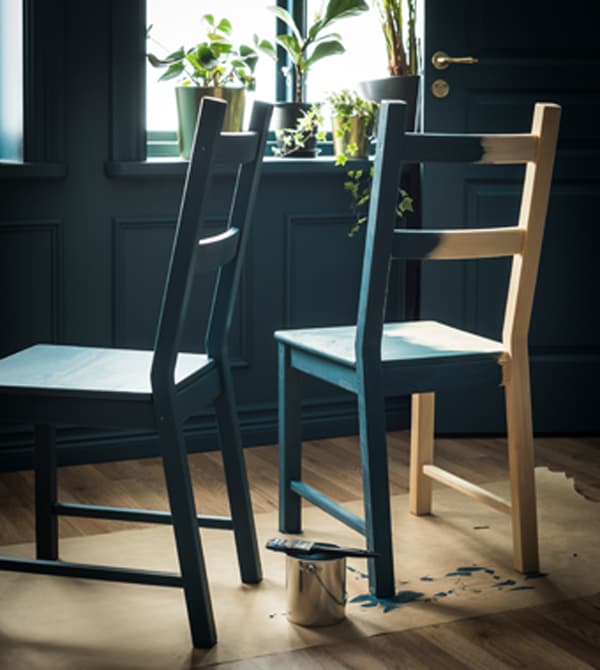 Two dining chairs are being custom painted in a dark shade of green.