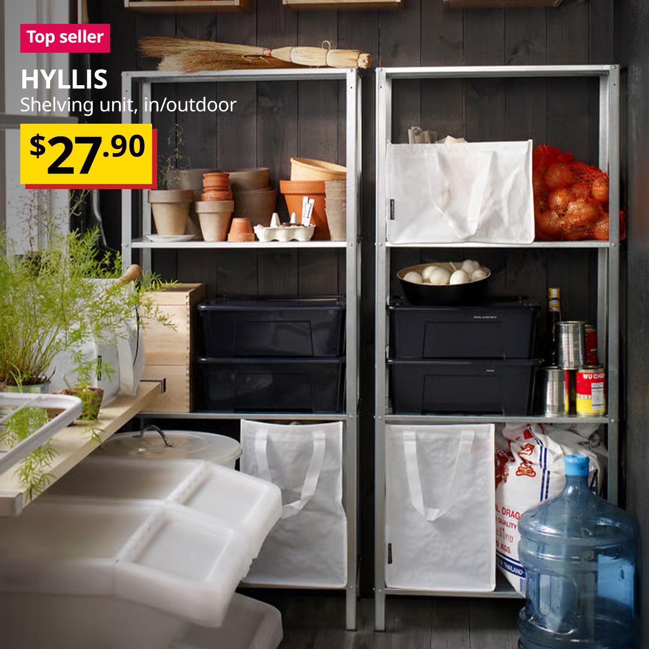 Two HYLLIS shelving unit is being used to stored fresh vegetables, canned food, dried foods and other items. Top seller tag with white text overlay image that reads "HYLLIS, Shelving unit, in/outdoor. Breath-taking price of $27.90"