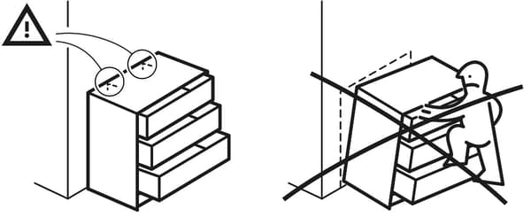Two illustrations, the first shows a drawer secured to the wall and the other the risk of tipping if the drawer is climbed on. 