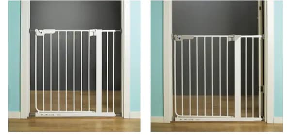 Two images of white baby safety gates wedged into doorways with a brown wood floor.
