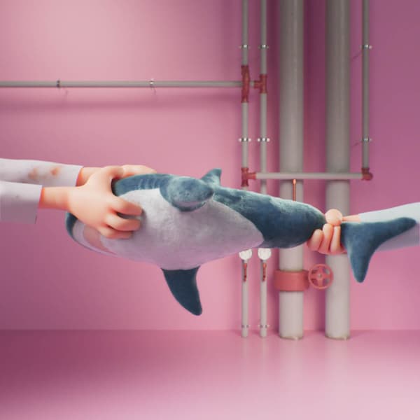 Two kids pulling IKEA BLÅHAJ shark soft toy into opposite directions. 