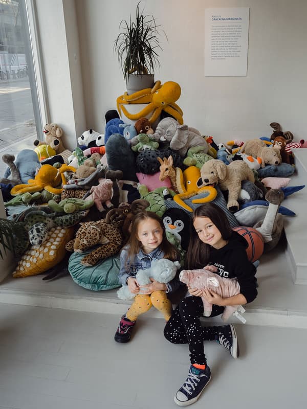 Two kids sit in front of a display showing a large number of soft toys and a plant placed in the center of the display.