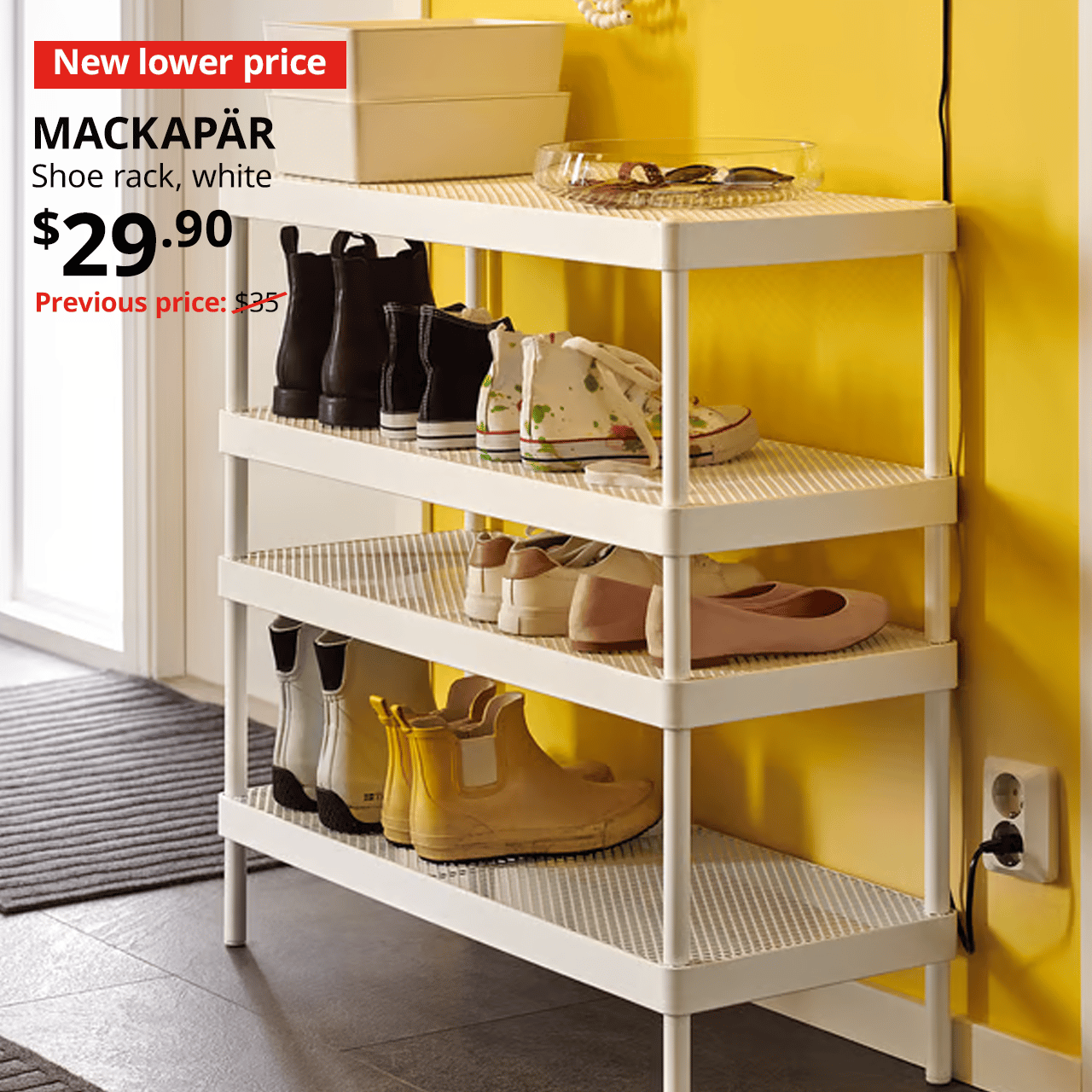 Two MACKAPAR shoe racks stacked together, with pairs of shoes neatly organised on top. A red "New lower price" label is on the top left of the image with white text that reads: MACKAPAR, Shoe rack, Price at $29.90, Previous price, $35.