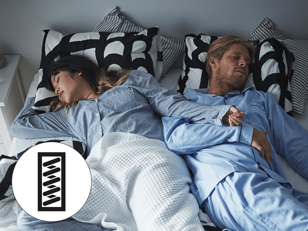 Two people are sleeping on one bed, and there's a pocket spring mattress icon.