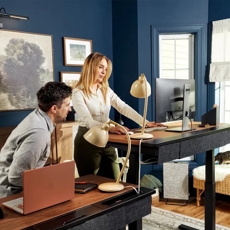 Two people in a finished office room working behind side-by-side desks.