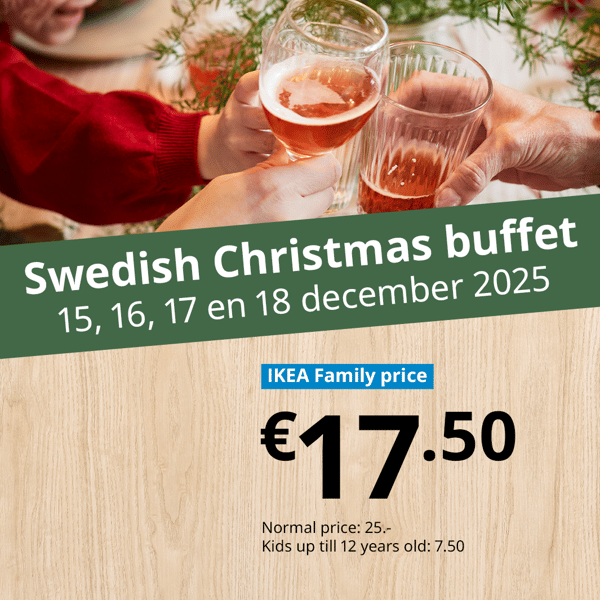 Two people toasting with a glass. Swedish Christmas buffet from 15, 16, 17 and 18 december 2025. IKEA Family price is 17 euros and 50 cents. Regular price is 25 euros.