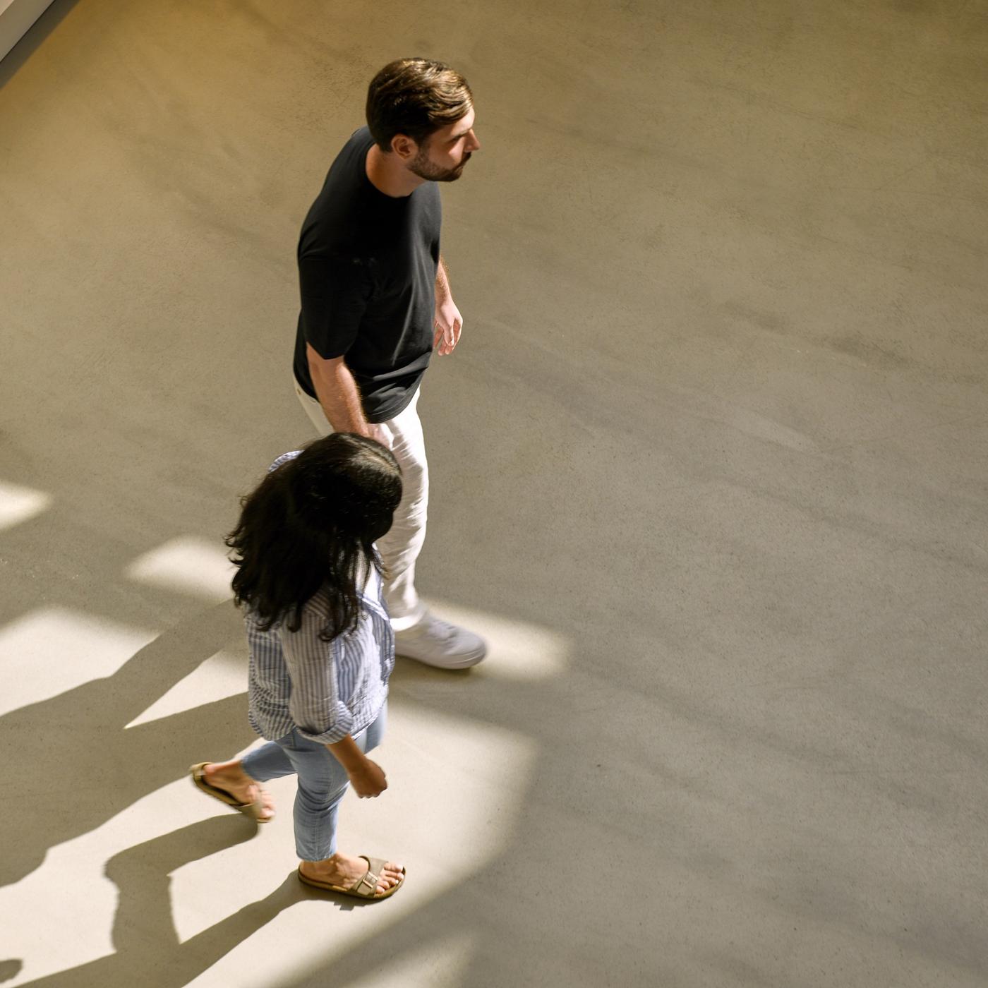 Two people walk side by side, viewed from above. Sunlight streams in casting long, distinct shadows.