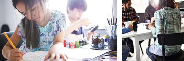 Two scenes of people engaged in creative activities. On the left, a young girl is drawing with a pencil in a coloring book, with art supplies scattered on the table and another child painting in the background. On the right, several adults are seated around a table, focusing on a group activity or discussion, with their attention directed toward the center of the table.