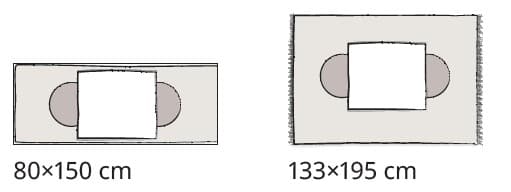 Two table settings demonstrate how 80×150 cm and 133×195 cm rugs fit proportionally under a dining table with chairs.