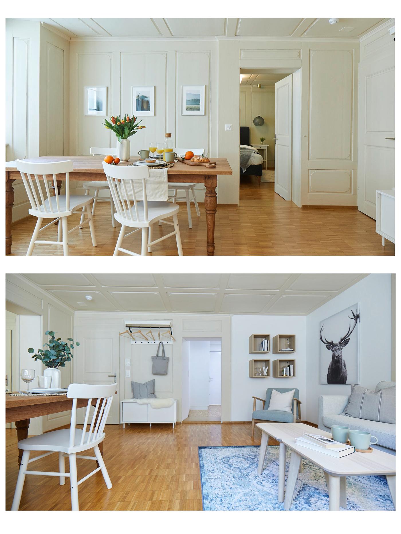 Two views of a living and dining room with sofa, coffee table and dining table with chairs from different perspectives