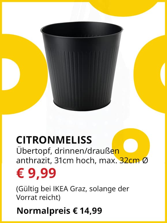 Übertopf Citronmeliss, innen/außen, 31cm hoch , max. Durchmesser Topf 32cm, statt € 14,99 um € 9,99.
