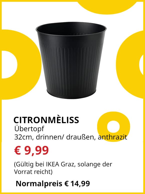 Übertopf für Drinnen und Draußen, Citronmeliss, Durchmesser 32cm, anthrazit, statt € 14,99 um € 9,99.