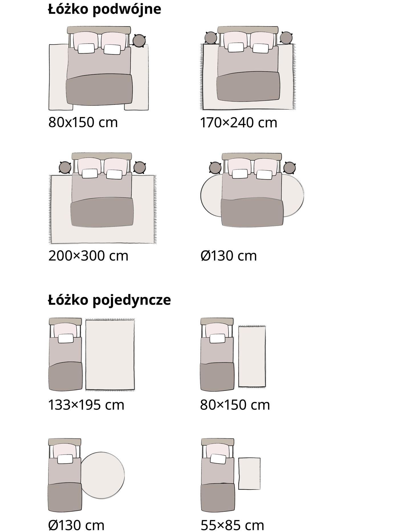 Układ dywanów w różnych rozmiarach z łóżkami pojedynczymi i podwójnymi.