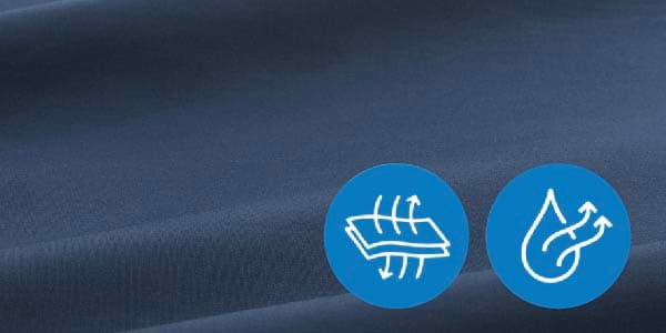 ULLVIDE fitted sheet 90x200cm in dark blue. Two white icons in blue circles show heat transfer and moisture wicking properties.
