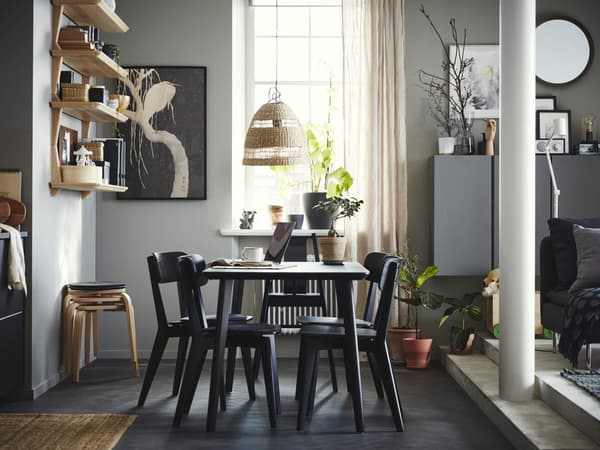 Un área de comedor con cuatro sillas LISABO y una mesa LISABO negra, sobre la cual hay un portátil, una taza y una maceta con una planta.