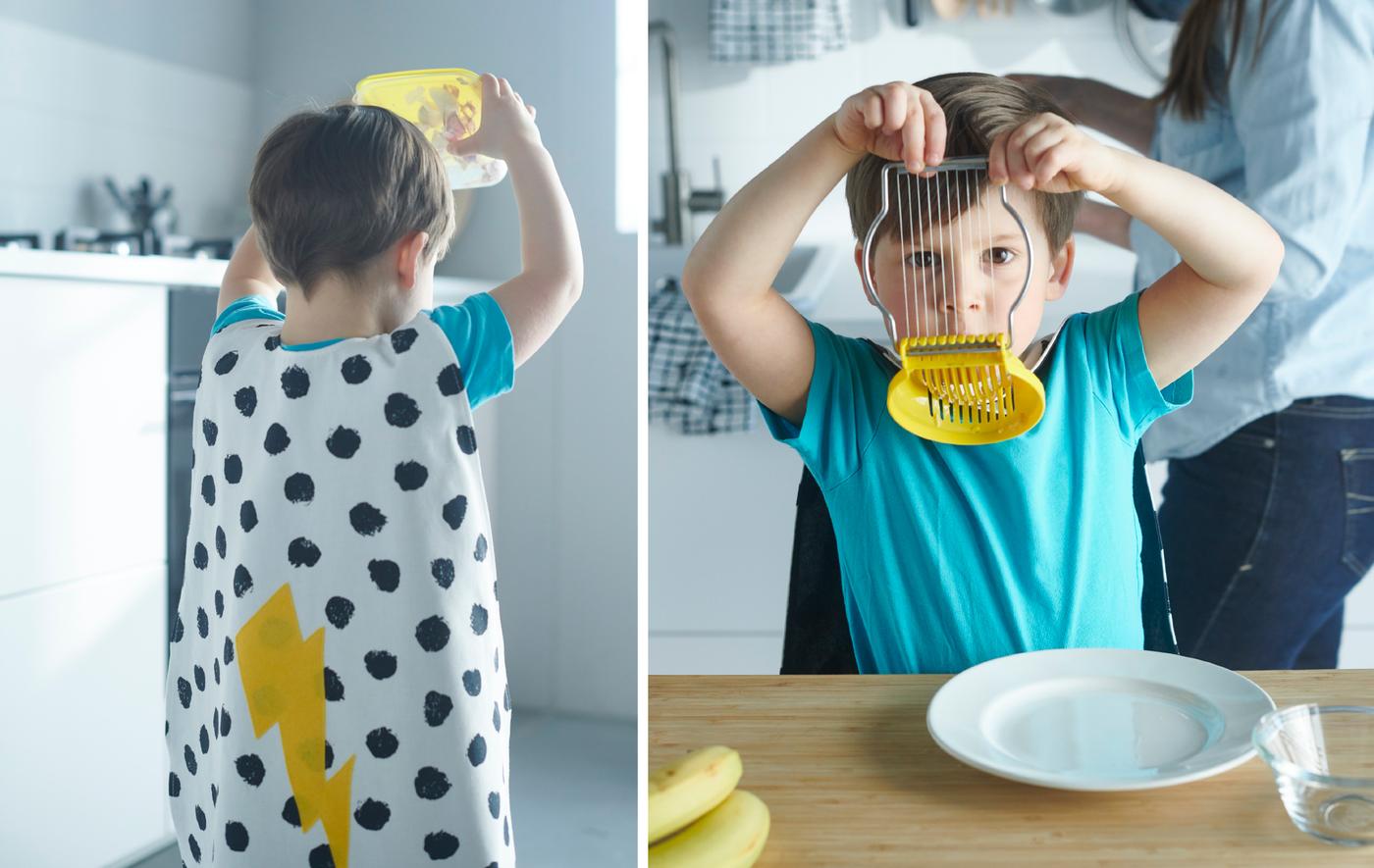Un bambino si diverte a sbucciare l'aglio scuotendo un contenitore di plastica. Nella seconda immagine tiene in mano un taglia uovo.
