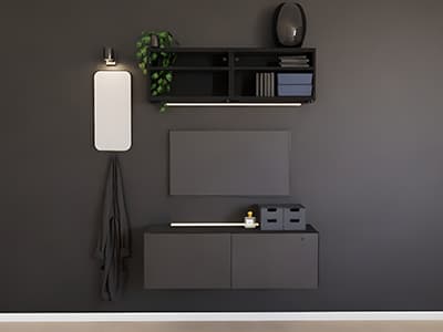 Un banc TV noir sur lequel un vase et des rangements noirs y sont posés.