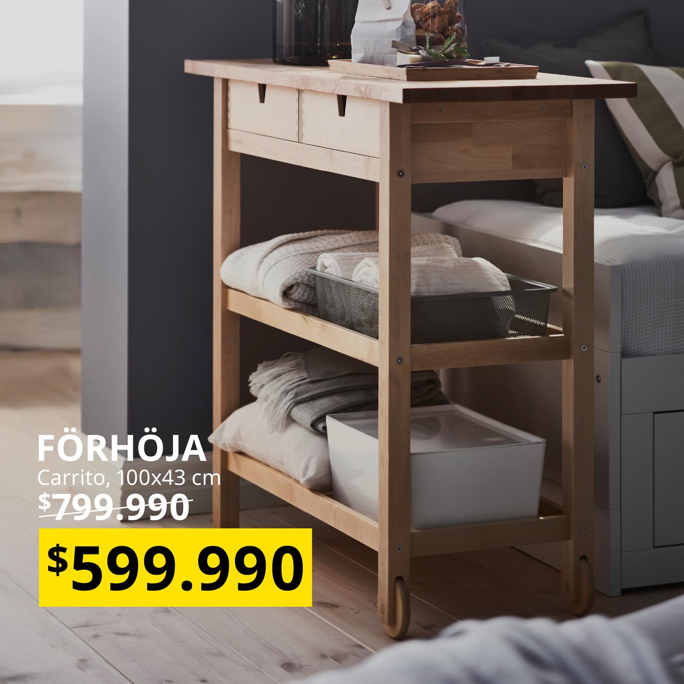 Un carrito de madera con dos cajones y tres repisas con su precio especial durante octubre.
