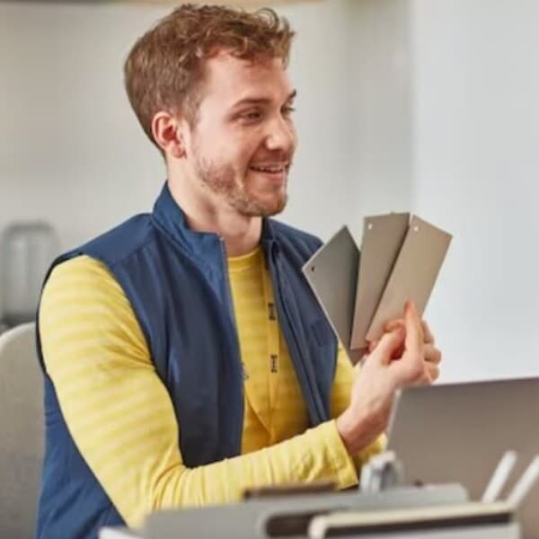 Un colaborador IKEA sentado y mostrando tres papeles con diferentes tonos de gris.