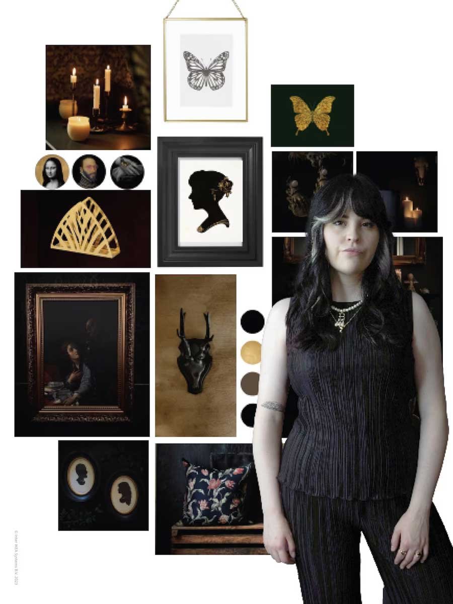 Un collage a tema gotico con un ritratto di Beth e immagini di teschi, farfalle e candele accese