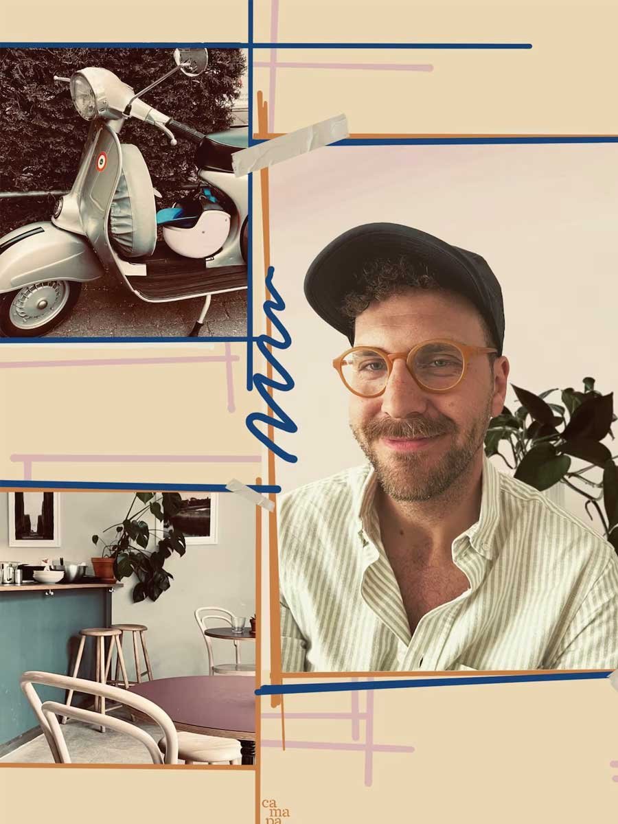 Un collage con un ritratto di Carlo e immagini in toni pastello e naturali