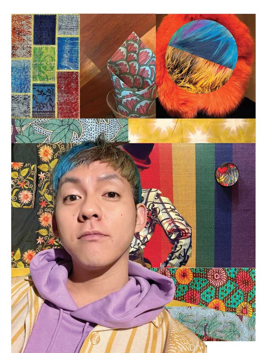 Un collage con un ritratto di Jamie e immagini di stampe colorate