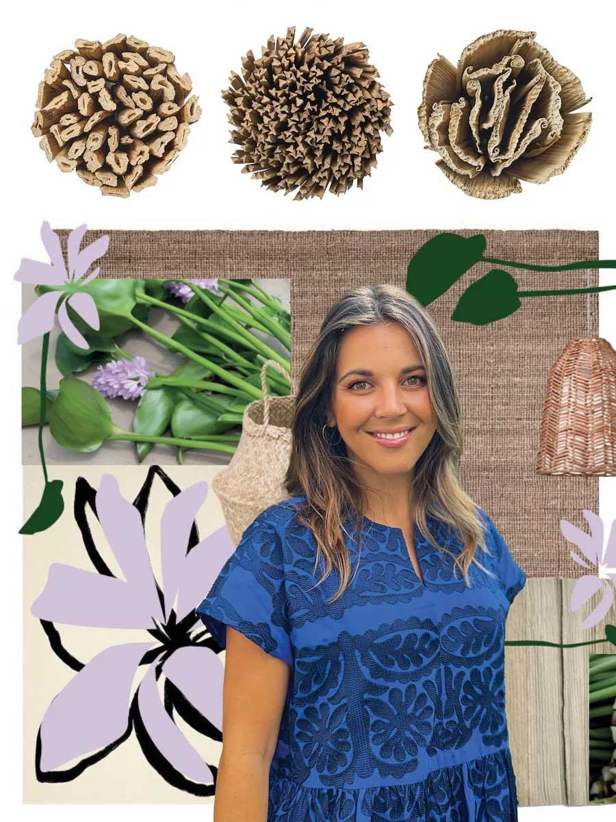 Un collage con un ritratto di Sara e immagini di materiali naturali e prodotti IKEA