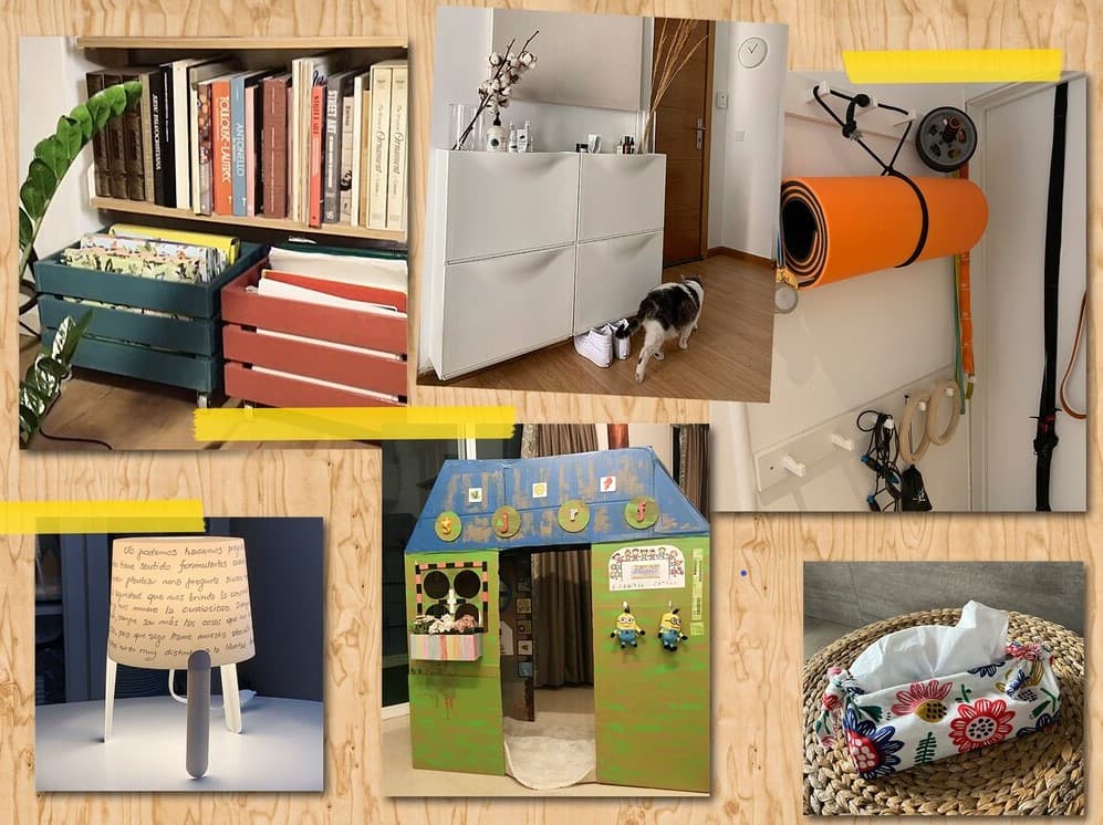 Un collage de 8 photos montrant différentes solutions d’aménagement pour le rangement, la décoration et le jeu, créées par des collaborateurs IKEA. 