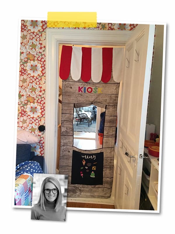 Un collage de deux photos: un rideau de jeu au motif de kiosque suspendu entre deux montants de porte, et le portrait d’une collaboratrice IKEA.