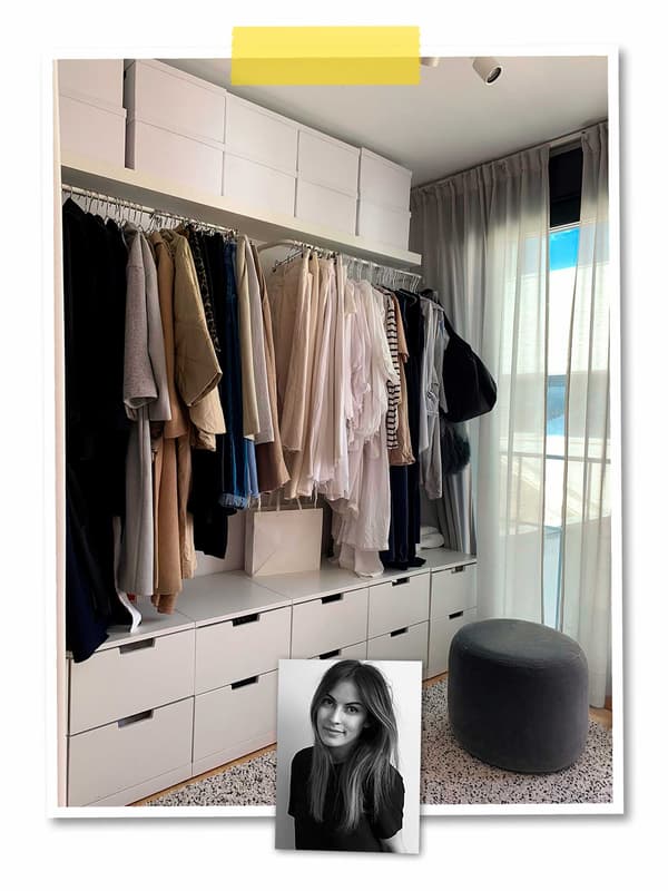 Un collage de deux photos : une armoire-penderie composée de rangements ouverts et fermés, et une photo d'une collaboratrice IKEA.