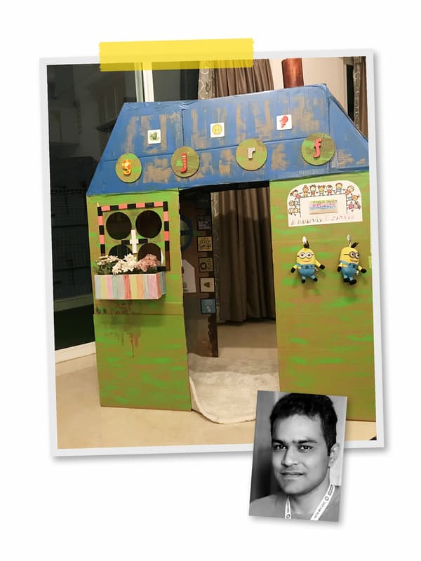 Un collage de deux photos: une cabane en carton peinte à la main avec un tapis et des peluches, et le portrait d’un collaborateur IKEA.