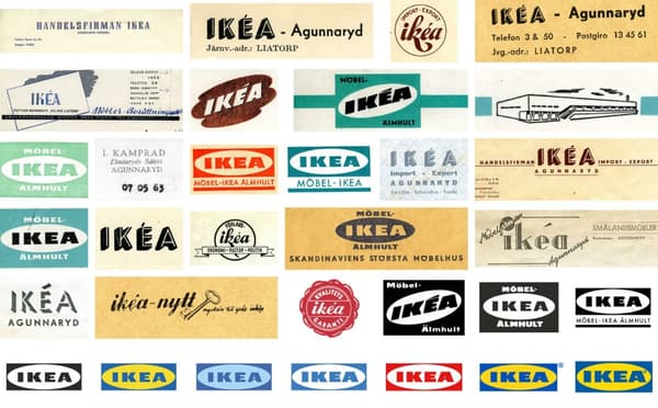 Un collage de fotos del logo de IKEA a lo largo de la historia, con distintos colores, formas y portes.