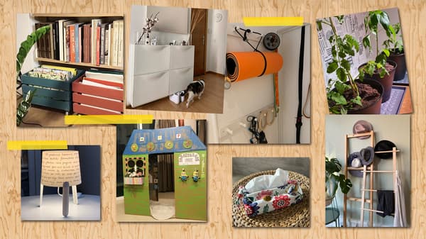 Un collage de huit images montrant des rangements, des accessoires de décoration et des jeux variés pour la maison imaginés par des collaborateurs IKEA.