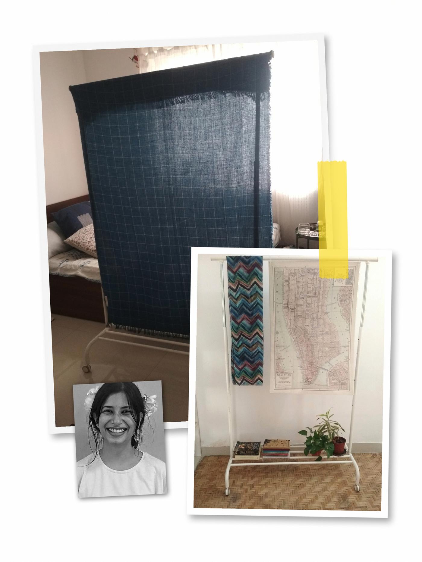 Un collage de tres imágenes: un burro para ropa MULIG usado como divisor de espacios y como adorno, y el retrato de una colaboradora de IKEA.