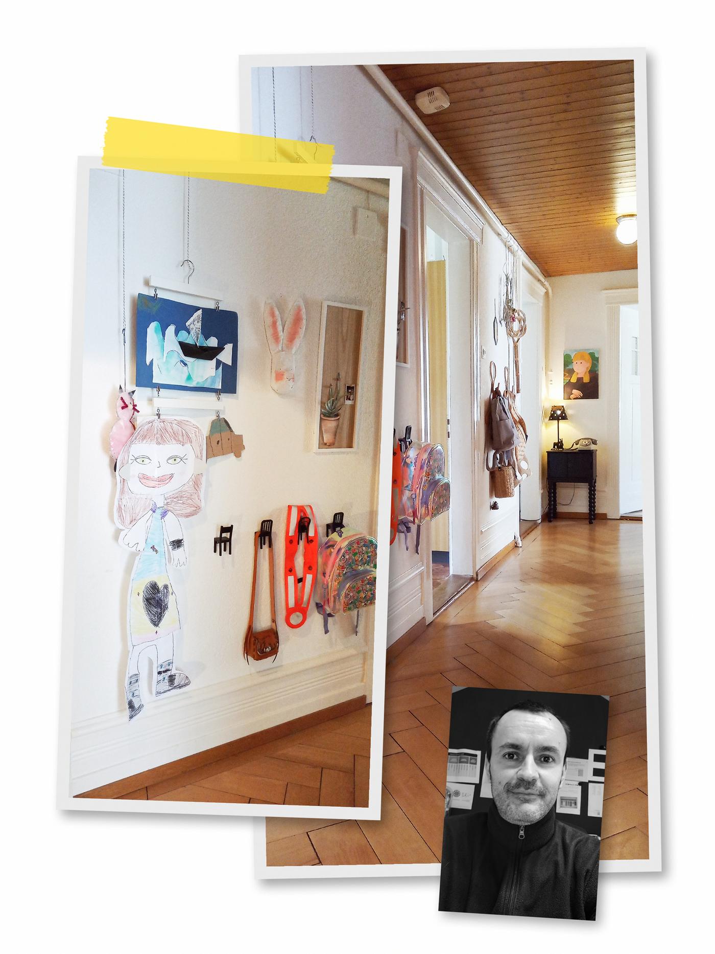 Un collage de tres imágenes: un pasillo corto con la pared cubierta de objetos artísticos y la imagen de un colaborador de IKEA.
