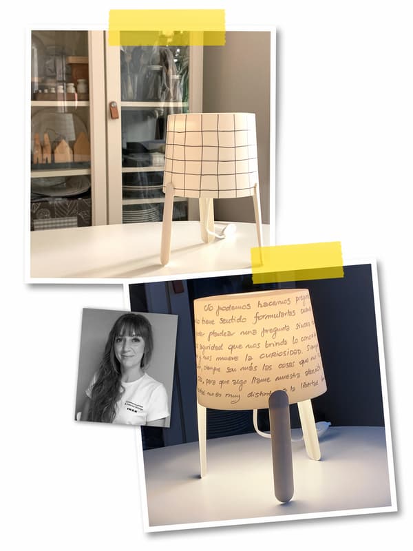 Un collage de trois photos: deux lampes blanches TVÄRS décorées à la main, et le portrait d’une collaboratrice IKEA.