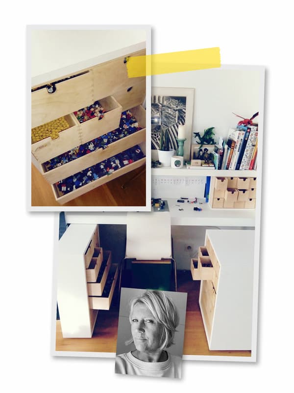 Un collage de trois photos : un bureau d'enfant encadré de rangements remplis de blocs de construction à portée de main, et une photo d'une collaboratrice IKEA.
