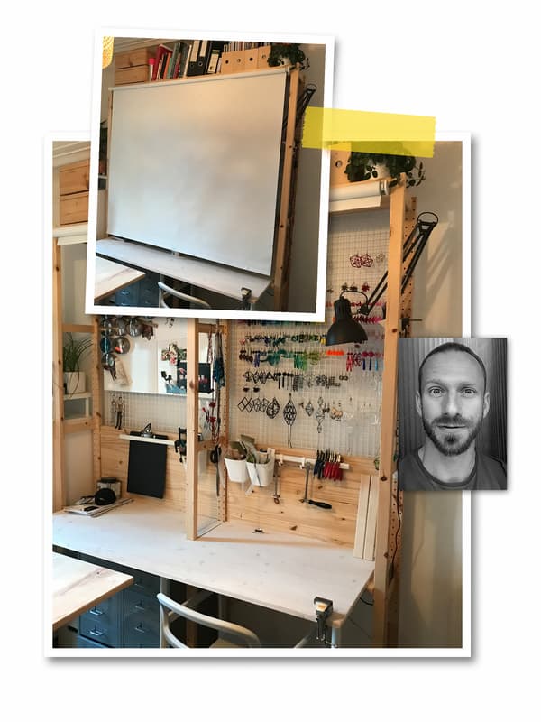 Un collage de trois photos: un poste de travail IVAR, un store à enrouleur FRIDANS le recouvrant, et le portrait d’un collaborateur IKEA.