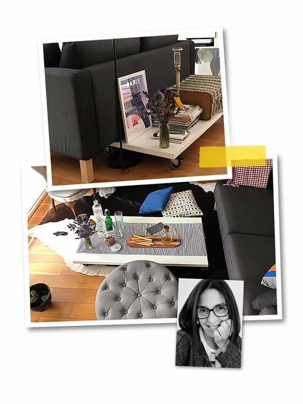 Un collage de trois photos: une table basse composée d’un plateau de table blanc LINNMON et de roulettes RILL, et le portrait d’une collaboratrice IKEA.