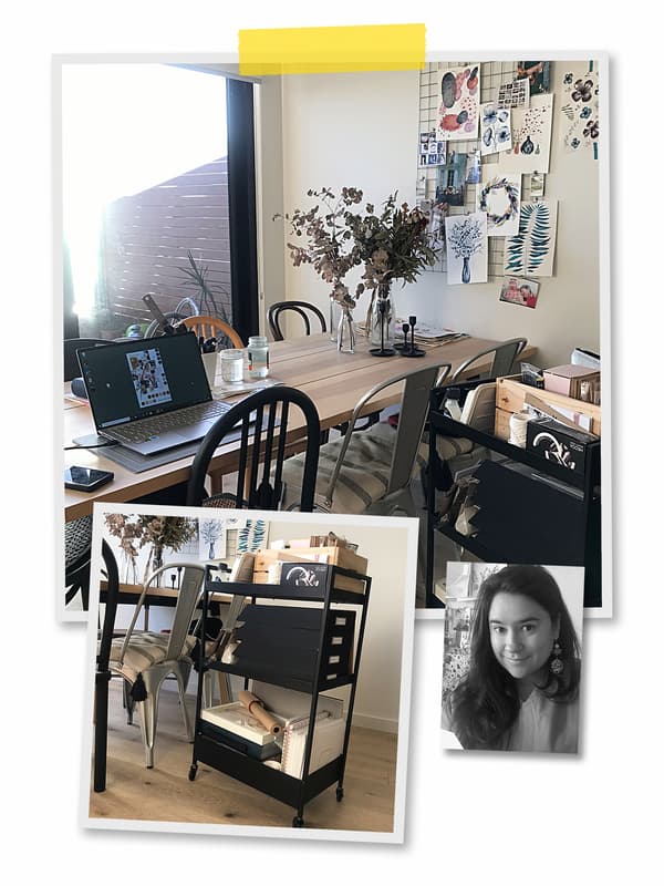 Un collage de trois photos: une table de salle à manger utilisée comme bureau, une desserte NISSAFORS noire, et le portrait d’une collaboratrice IKEA.