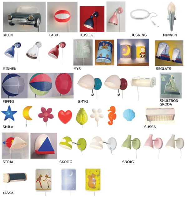 Un collage de varias lámparas de pared para niños de varios colores, tamaños y formas.