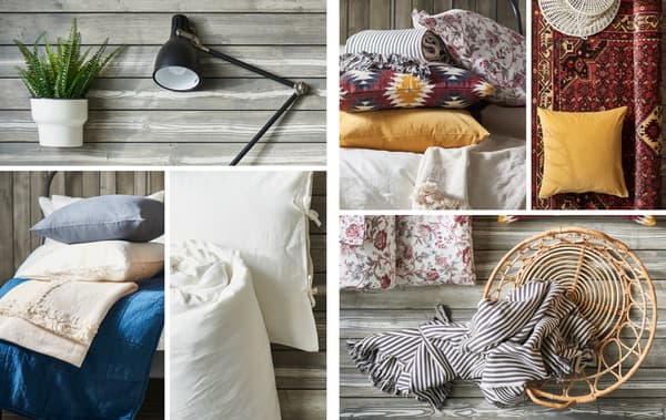 Un collage d’imatges en què es mostren accessoris de decoració de la llar d’IKEA per decorar un dormitori d’estil rústic o boho-chic.