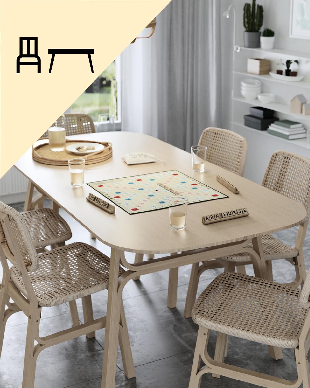 Un comedor de madera para 6 puestos y en la parte superior izquierda de la imagen un tríangulo amarillo con íconos de comedor.