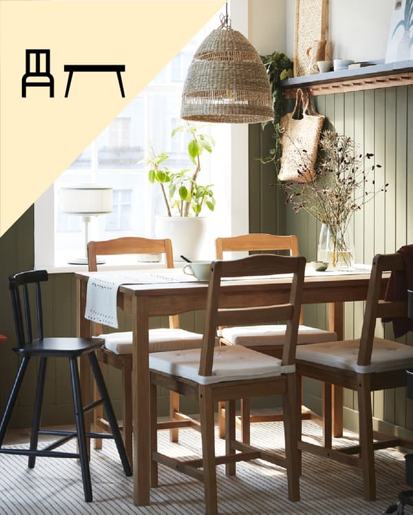 Un comedor IKEA y en la parte superior izquierda de la imagen un tríangulo amarillo con íconos de comedor.