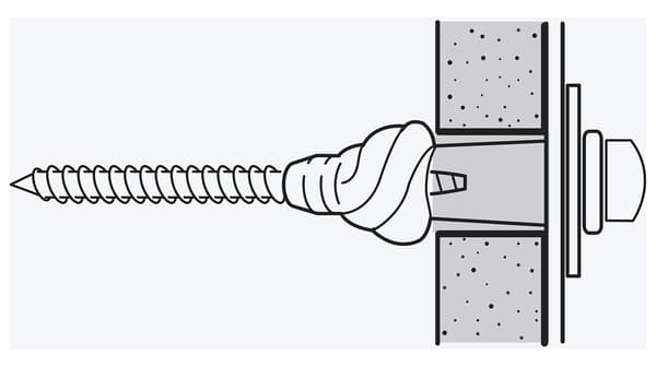 Un croquis d’une vis à l’intérieur d’une cheville qui a été vissée dans un mur fait d’un matériau comme un panneau de plâtre.